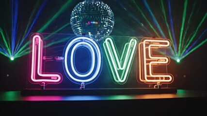 Vibrant neon LOVE sign glowing brightly in a dark club setting illuminated by a sparkling disco ball and dynamic laser lights creating an energetic and romantic atmosphere perfect for parties celebra.