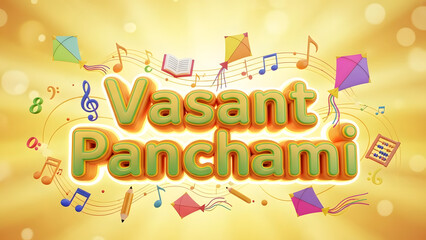 Vibrant Vasant Panchami celebration with kites and music notes