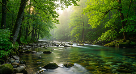 Obraz premium Tranquil Forest Creek with Clear Water and River Stones, Surrounded by Dense Green Trees and Soft Sun Rays, Evoking Calm, Balance, and Natural Harmony for Wellness and Relaxation Design Projects