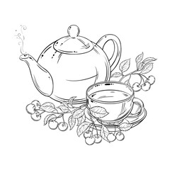 Cherry Tea in Teapot Outline Illustration.