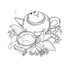 Cinnamon Tea in Teapot Outline Illustration.
