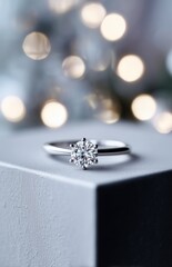 Diamond Solitaire Ring on Gray Pedestal with Holiday Lights