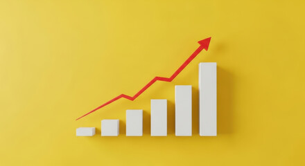 Business Financial Growth Concept with Upward Arrow Chart Representing Performance Development Progress on Yellow Background