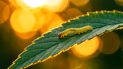Tiny bright green caterpillar with an orange head crawls along the serrated edge of a dark green leaf backlit by intense golden sunset bokeh light.