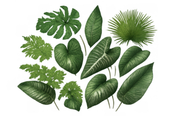 Tropical jungle leaves collection creating a fresh green botanical pattern with exotic fronds, monstera, and ferns on a transparent background