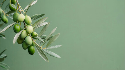 Close-up on a vibrant branch featuring clusters of unripe green olives and elongated, silvery-green leaves set against a muted sage background