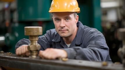 A male industrial worker wearing a hard hat inspects hinery in a factory setting