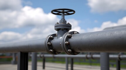 A weathered industrial pipe system featuring a valve stands against a backdrop of a bright blue sky with fluffy white clouds