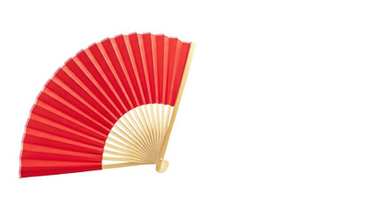 Vibrant red traditional Japanese folding hand fan with light wooden ribs, fully open and angled left, against a pristine transparent studio background with copy space, concept for cultural branding