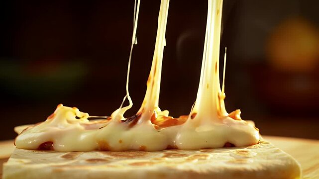 Melting Stringy Cheese on Pizza Quesadilla with Warm Light and Brown Background