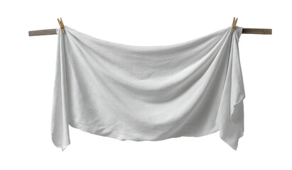 White cloth hangs, pinned to wooden bar. Laundry day, simple. Clean