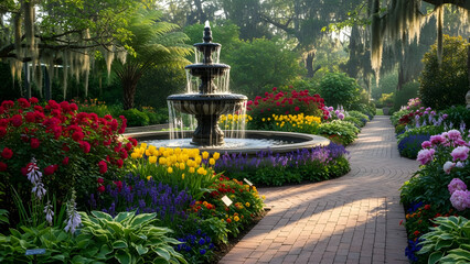 Tranquil garden pathway lined with vibrant flowers and a tiered fountain, bathed in soft sunlight.