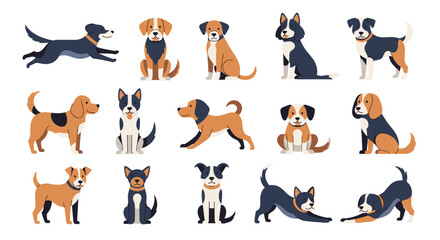 Diverse collection of various dog breeds illustrated in different active and resting poses isolated on a plain white background.