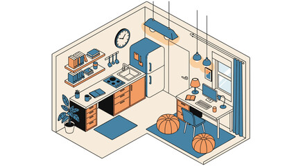 Compact isometric studio apartment layout featuring a fully equipped kitchen and a functional home office area with a desk.