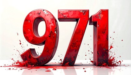 Large numbers rendered in glossy red with a textured appearance, and splashed with additional red, on a white surface