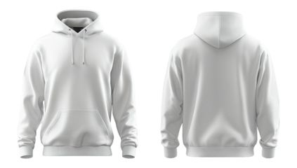 Plain white hoodie, front and back view. Studio lighting, clear detail