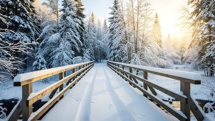 A snow-covered wooden bridge leads through a serene, sunlit winter forest.