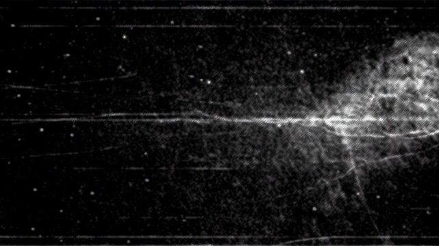 Abstract analog film grain overlay with dust, scratches, and vintage projector flicker effect on a dark background, ideal for creating retro cinematic distress and noise.