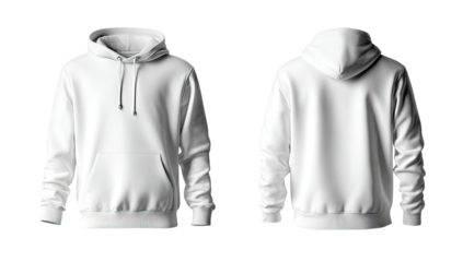 White hoodie front and back, blank apparel, isolated on dark background
