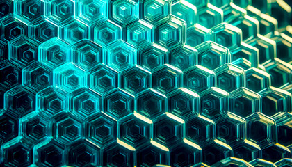 Emerald Green and Teal Glowing Hexagonal Pattern 3D Backdrop
