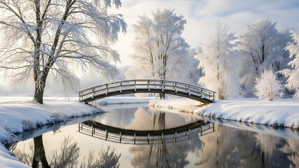 Peaceful winter scene with a snow-covered bridge reflecting in calm water