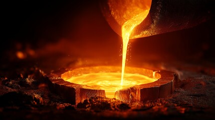 Molten Metal Pouring: A stream of molten metal cascades into a casting mold, glowing with intense heat and a fiery orange hue, revealing the raw power and transformative processes of industry.