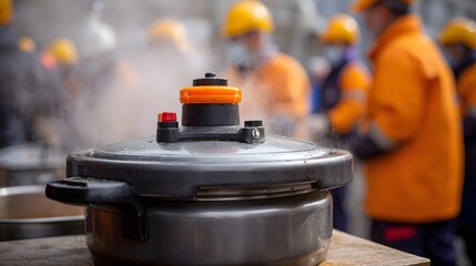 Outdoor pressure cooker steaming with workers preparing a communal meal in the background