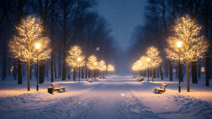 Enchanting winter park pathway illuminated by warm lights on snowy trees and benches