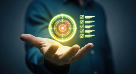 Business Goal Achievement Concept with Target on Hand Success Strategy Aiming High Checklist Task Completion Objectives Reached Result Driven Focus