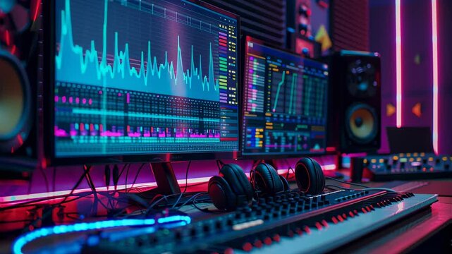 Colorful music studio with monitors and gear