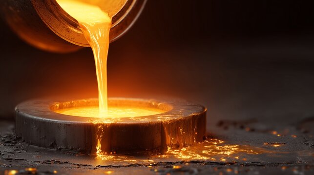 Molten Metal Pouring: Capture the mesmerizing moment of molten metal cascading into a mold, illuminating the industrial process. - Powered by Adobe