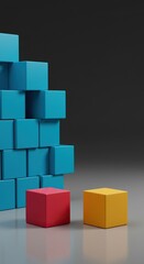 A single brightly colored cube stands separate from a large, orderly stack of matching geometric blocks. Focus on extra volume ,further ,collection ,element