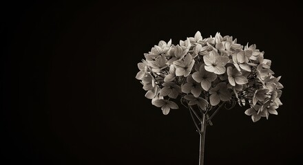 Beautifully dried floral arrangement captured in a timeless sepia monochrome style, emphasizing texture and delicate antique feeling ,soft ,petals ,dried flowers