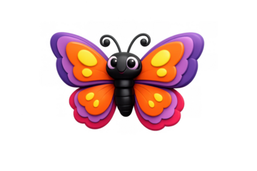 Cute cartoon butterfly with vibrant purple and orange wings 3d rendering, smiling insect character on transparent background