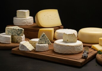 Abundant assortment of artisanal cheeses and fresh dairy items displayed attractively on rustic wooden boards in a clean deli environment ,food ,retail ,provolone
