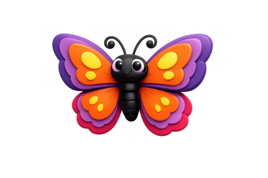 Cute cartoon butterfly with vibrant purple and orange wings 3d rendering, smiling insect character on transparent background - Powered by Adobe