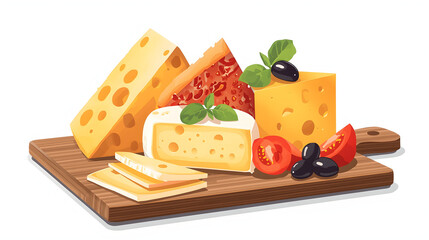 Assortment of Cheeses and Garnishes on a Wooden Cutting Board cheddar swiss cheese