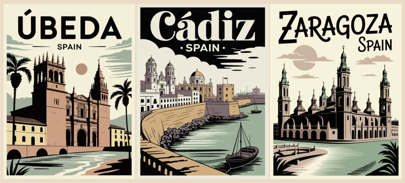 Retro-style triptych showcasing Ubeda, C&aacute;diz, and Zaragoza with iconic architecture, minimalist colors, and stylized travel poster design.
