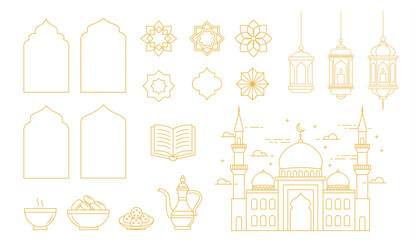 Ramadan Kareem design elements collection in Art Deco style. Modern Islamic linear icons set. line minimal style illustration