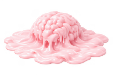 Melting pink brain visualizes intellectual burnout, mental fatigue, stress, and overwhelming information, on a transparent background