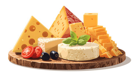 Cheese Platter with Various Cheeses, Tomatoes, Olives, and Basil cheddar swiss cheese