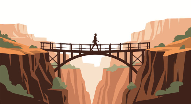 Person crossing bridge over canyon landscape