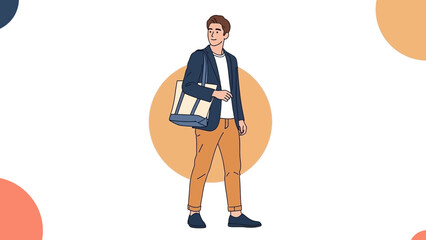 Stylish young man with casual outfit and backpack on abstract background