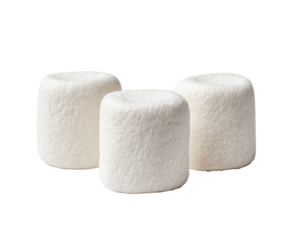 Three white, cylinder marshmallows, soft, against a black background