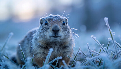 Groundhog, Snowy Day - Cute Mammal in Winter Nature, Wildlife Rodent, Snowy Landscape - Stock Photography for Nature and Wildlife Documentaries, Posters, Calendars, and Magazines