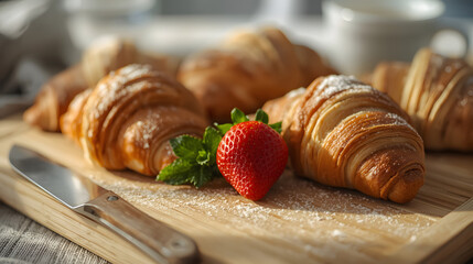 Close-up of golden croissants dusted with powdered sugar, a fresh strawberry, and mint on a wooden board