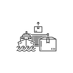 Naklejka premium Cargo Ship Loading Dock with Containers and Moving Crate in Port