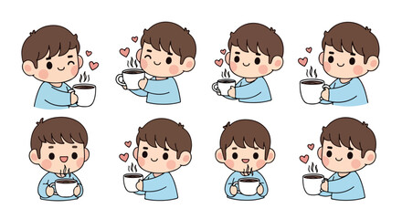 Boy enjoying a warm drink in various poses