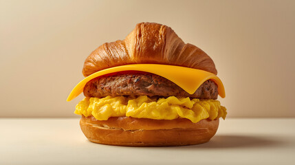 Croissant Breakfast Sandwich with Scrambled Eggs, Sausage Patty, and Melted Cheese graphic design