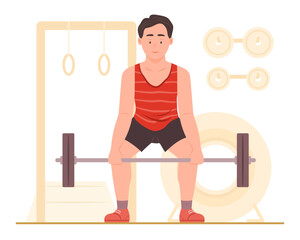 Active Healthy Man Exercise by Lifting Barbell in Gym Room for Increase Muscle Strength for Healthcare, Weight Training Workout, Muscle Building and Fitness Concept Illustration